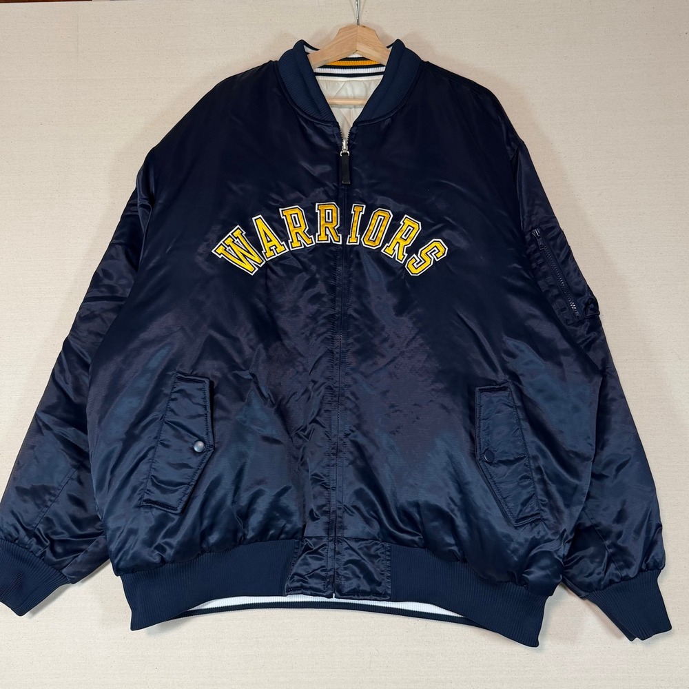 Vintage Golden State Warriors Reversible Bomber Jacket Navy Quilted Mens 2XL